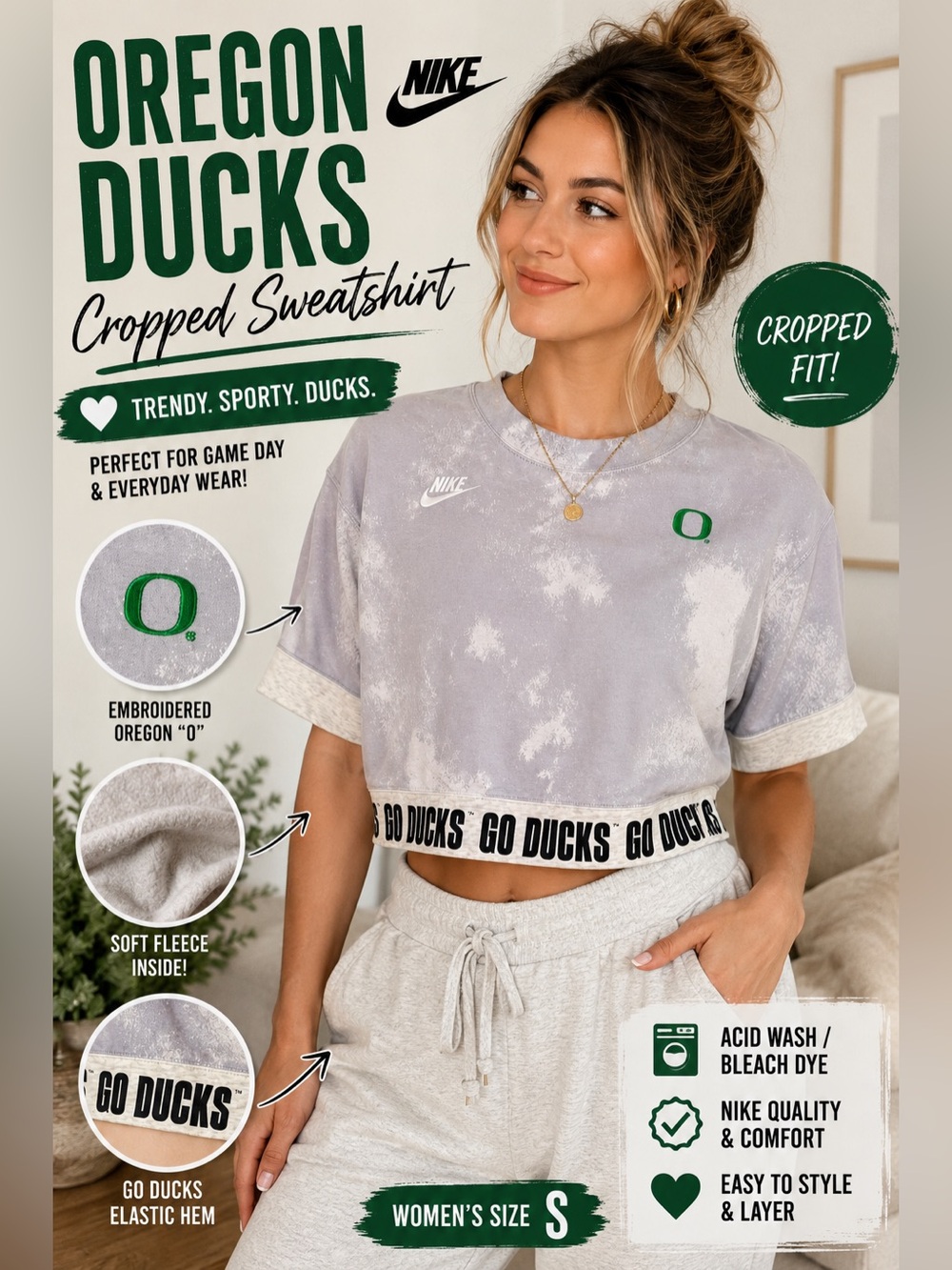 Nike Oregon Ducks Cropped Sweatshirt Tie Dye Bleach Wash Gray Women’s Size Small
